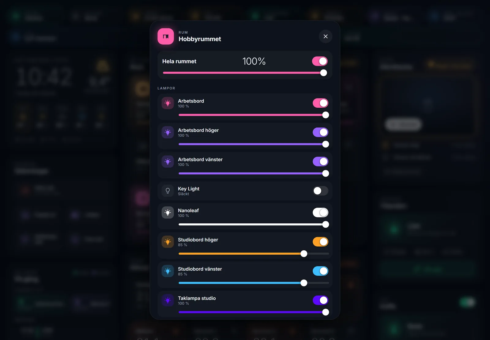 Pop-up listing lamps in a hobby room with coloured brightness sliders
