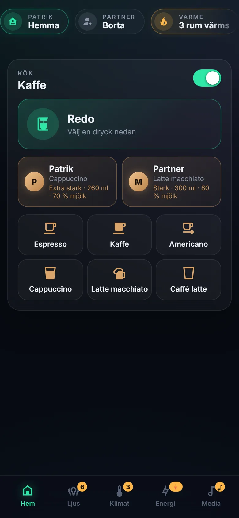 Coffee card with two personal presets and six drink buttons