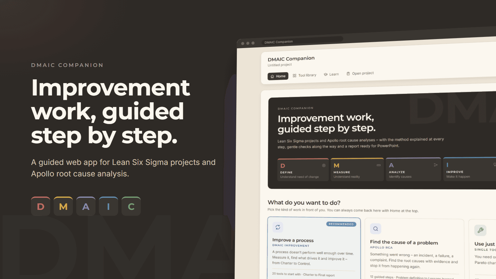 DMAIC Companion – home screen with the three ways in and the D-M-A-I-C phase band