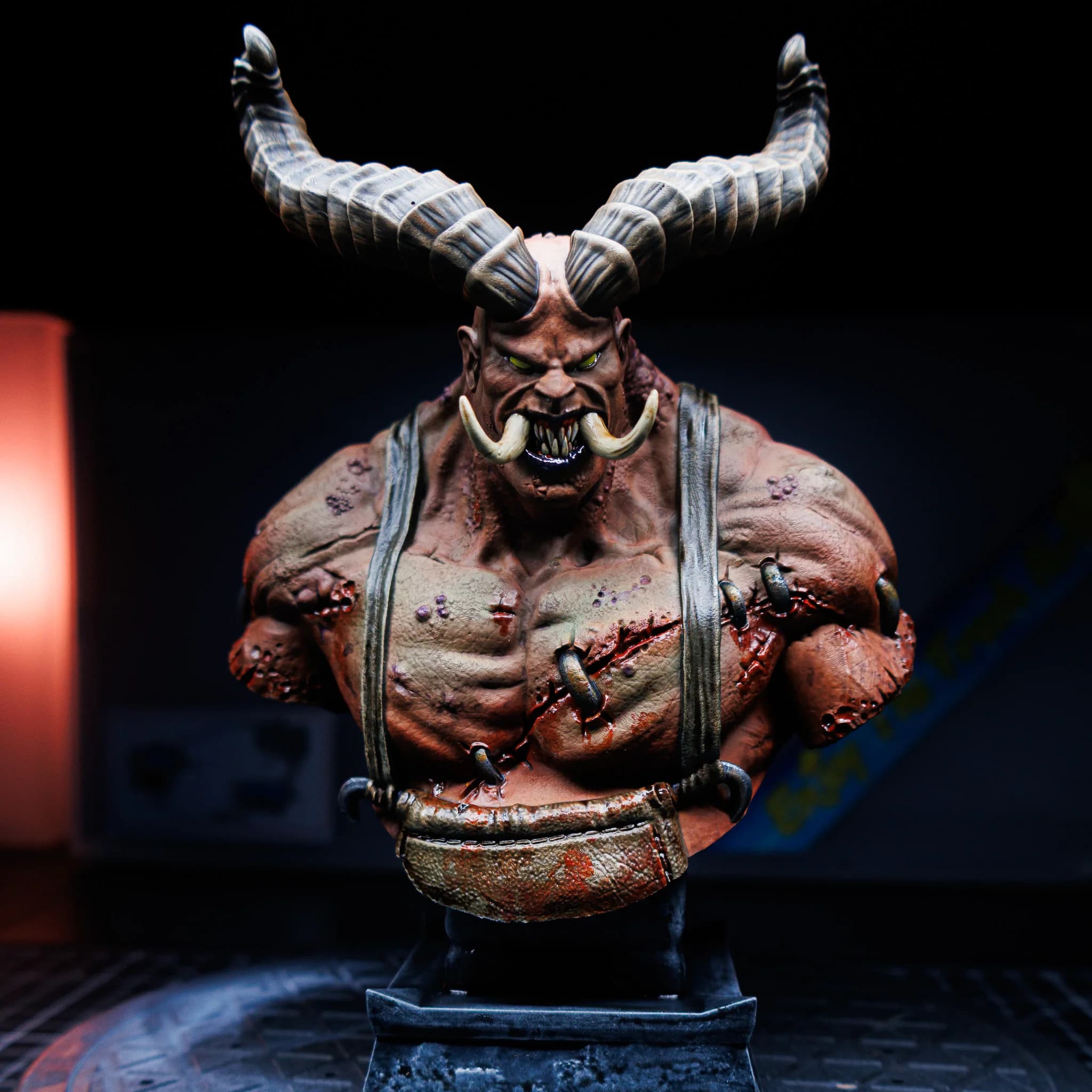 Close-up detail of The Butcher bust spine and harness.